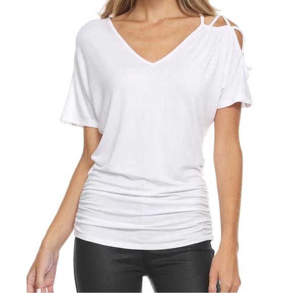 Cold Shoulder Asymmetrical Ruched Short Sleeve T-shirt multiple colors & sizes - Picture 3 of 11